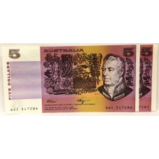 AUSTRALIA 1990 . FIVE 5 DOLLAR BANKNOTE . ERROR . MISSING COLOUR SIMULATION . CONSECUTIVE PAIR